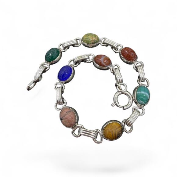 Vintage Gold Filled Scarab Bracelet Genuine Stones Chalcedony Onyx Tiger Eye - Picture 6 of 8